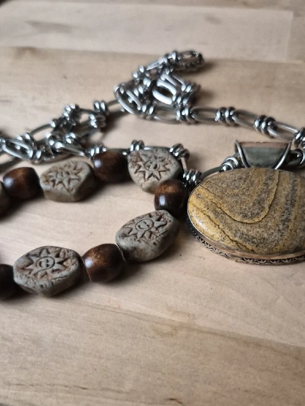 Silver Chain Necklace with Oval Sandstone Pendant - Tan